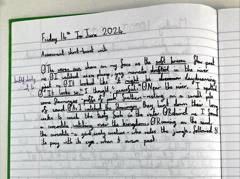 A Year 5 pupil's handwriting sample from June 2024, after a year of focused handwriting teaching