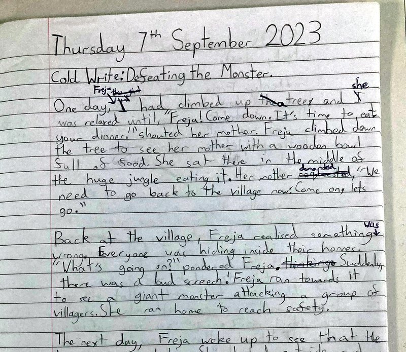 A Year 5 pupil's handwriting sample from September 2023, before focused handwriting teaching